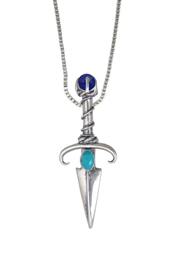 Sterling Silver Black Prince's Knife Dagger Pendant With Turquoise And Sodalite